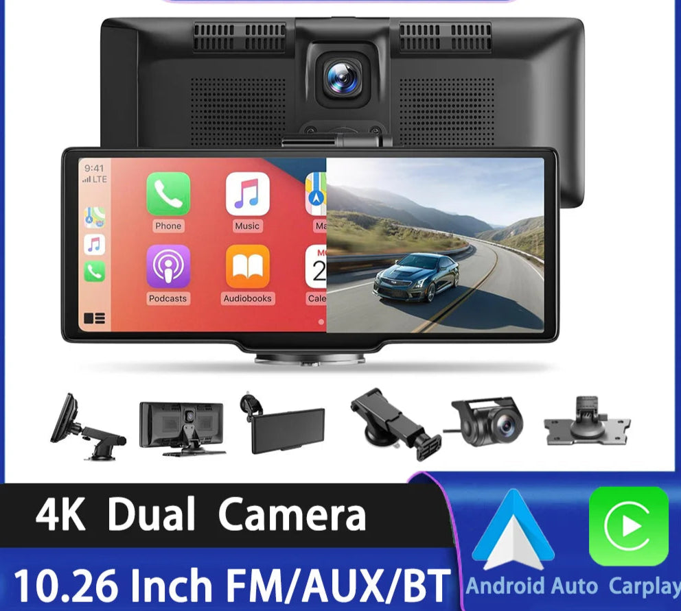 10.26" 4K Wireless Dash Cam with Android Auto, Carplay, and GPS Navigation  

Capture every moment on the road with this advanced 10.26" 4K Dash Cam, featuring wireless Carplay and Android Auto integration. Enjoy crystal-clear video recording at a