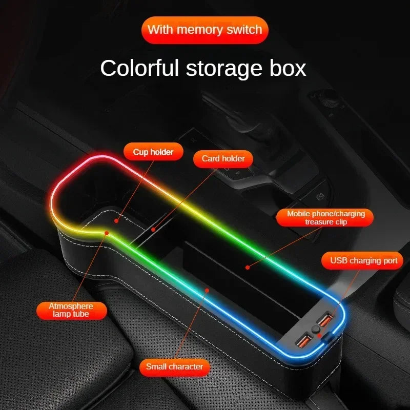 Car Seat Gap Organizer with USB Fast Charging & Colorful LED Lights – Smart Storage Solution for Phones, Keys, and More