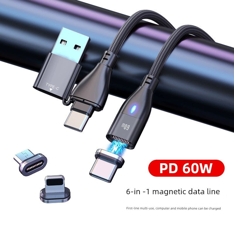 Universal Magnetic 6-in-1 PD Fast Charging Cable with 5A Power, 60W Breathing Light - Compatible with Apple, Type-C, and Android Devices, 2M Length