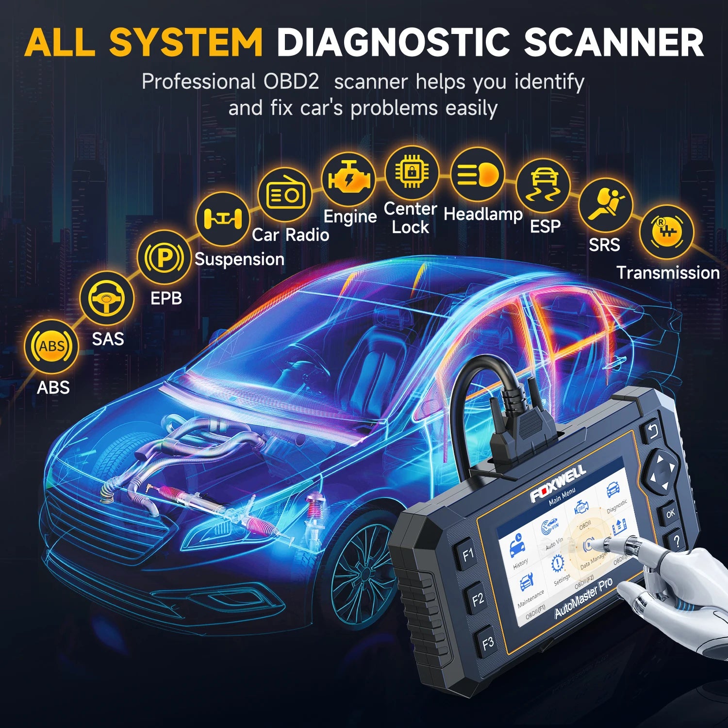 All-in-One OBD2 Scanner with 8 Reset Functions for Complete Vehicle Diagnostics - ABS, DPF, EPB, SAS, SRS, TPMS, Engine Code Reader