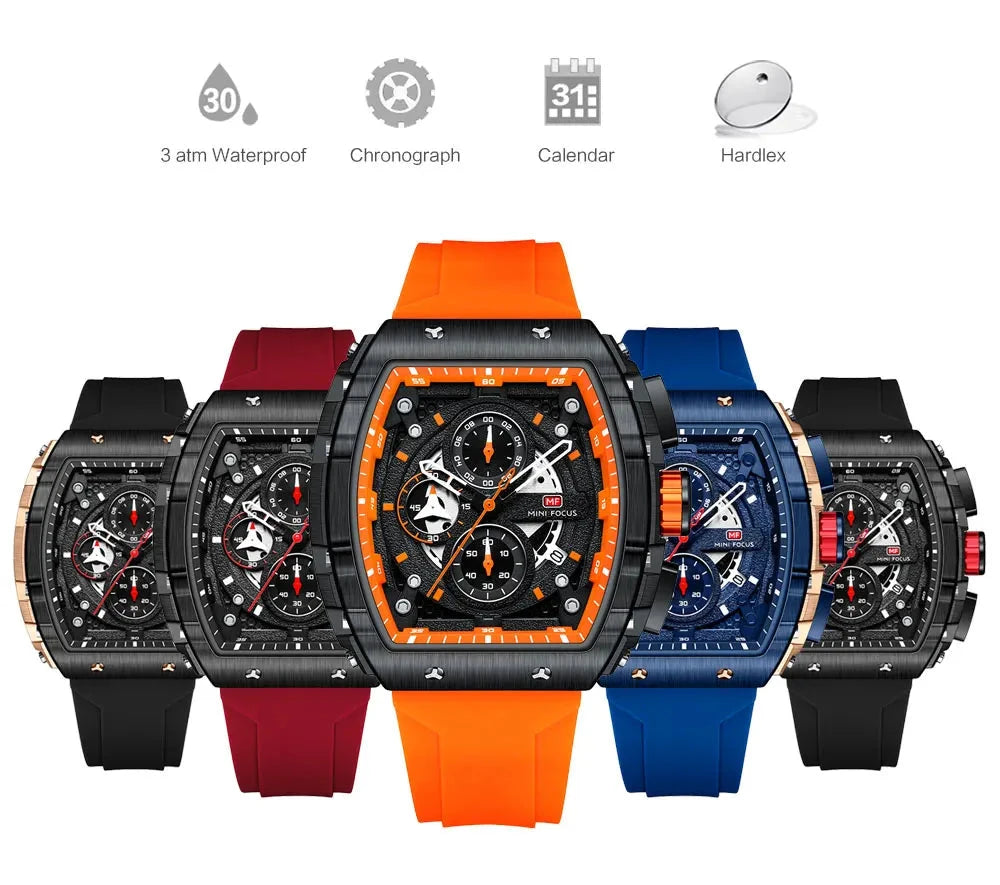 3ATM Waterproof Hardlex Glass Face, Silicone Band Sports Chronograph Watch with Tonneau Dial, Date Feature, and Water Resistance