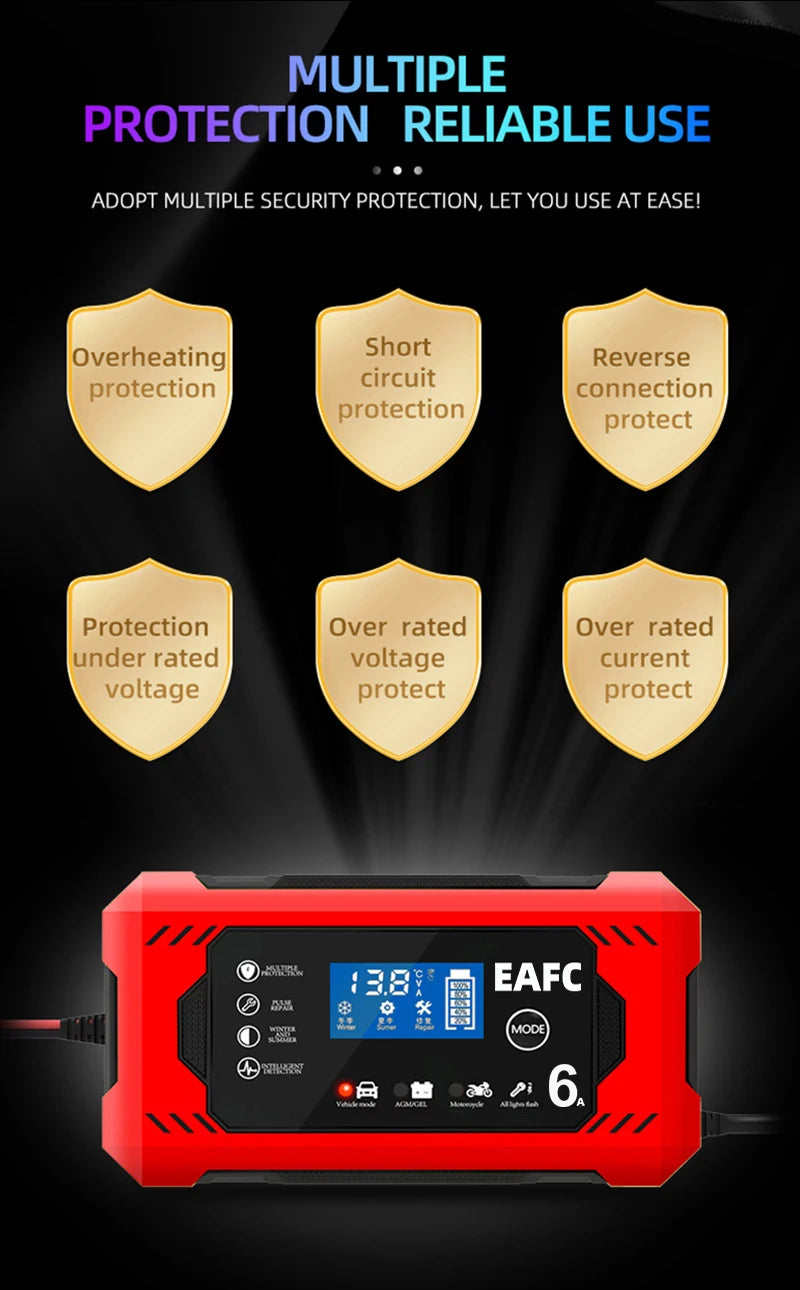 12V 6A Intelligent Car Battery Jump Start Charger with Smart Display