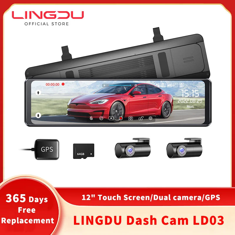 LINGDU Dash Cam LD03 FHD 1080P 12" Full Touch Screen Mirror Dash Car Camera Built-in Free 64GB Card Night Vision Car DVR داش كام