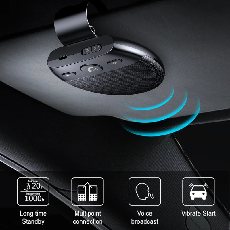 Wireless Bluetooth 5.0 Car Speakerphone with Mic - Handsfree Sun Visor Music Player & Dual Connection for Safe Driving