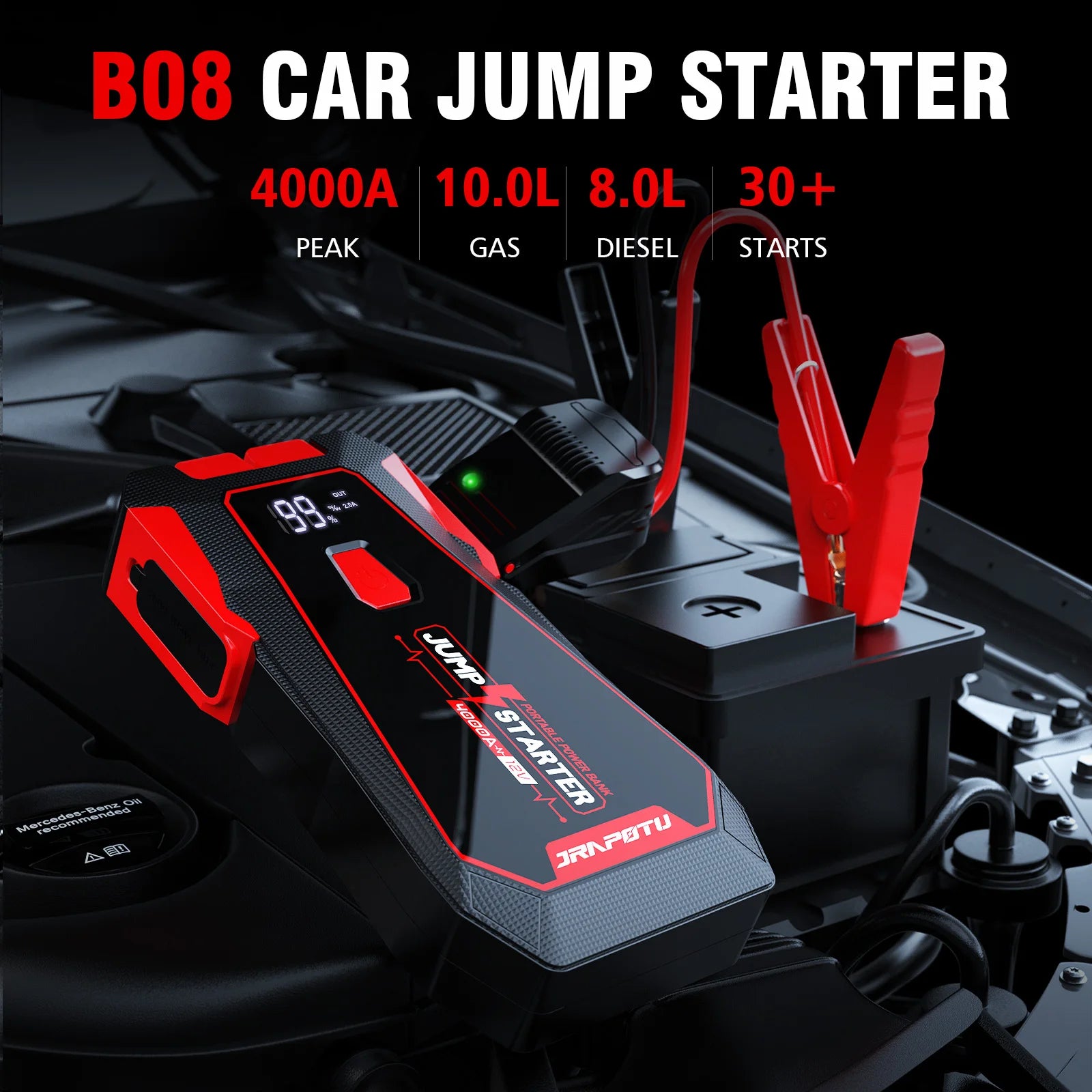 Portable 12V Jump Starter Box, 4000A Jump Starter Battery Pack, Car Jump Starter for 10.0L Gasoline and 8.0L Diesel Engines with