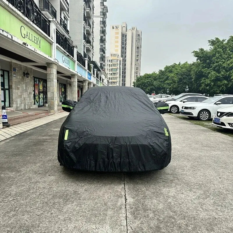 Universal Black Car Cover for Full Exterior Protection - Sunshade, Dustproof with Reflective Strips for Hatchbacks, Sedans, and SUVs