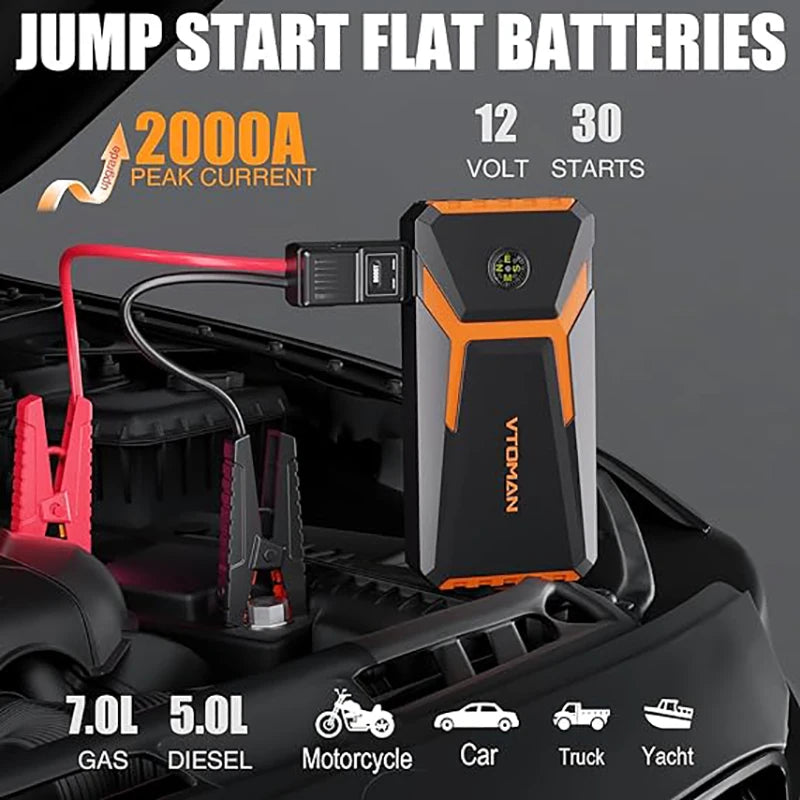 VTOMAN V6 Pro Car Jump Starter Power Bank 2000A Car Battery Charger, Auto Emergency Starting Device, and  Jump Starter