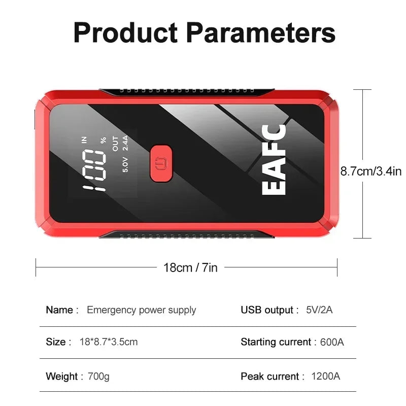 2000A/1200A Jump Starter, Portable Power Bank 12V Car Battery Booster with LED Light For Emergency