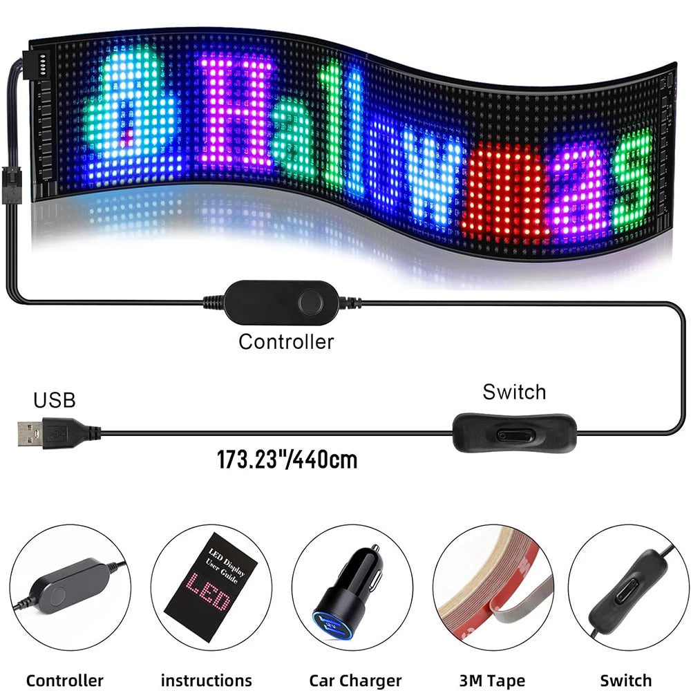 Bluetooth Programmable LED Matrix Car Signage Panel - Customizable Rolling Advertising Display with App Control, USB Powered, IP65 Waterproof for Vehicle Promotions