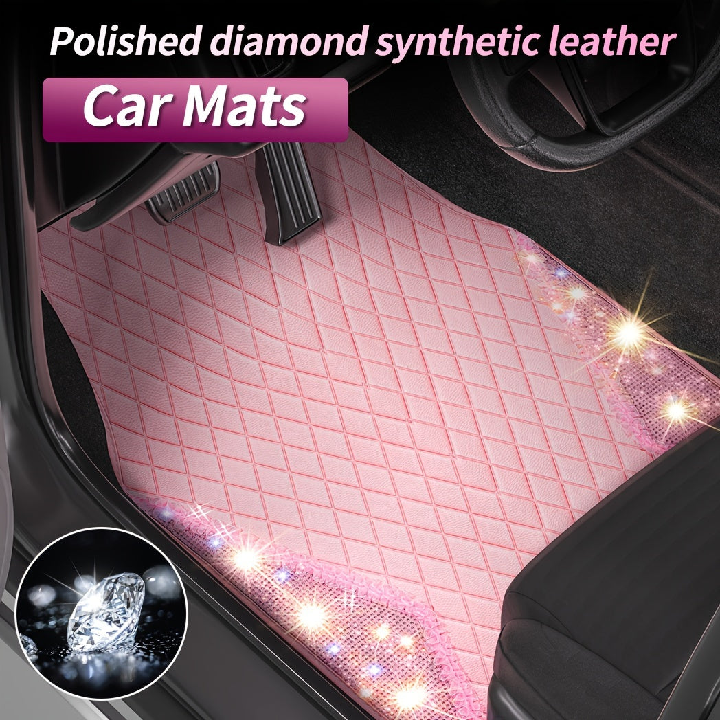 Pink PVC Leather Car Floor Mats with Sparkling Artificial Diamonds, Waterproof & Slip-Resistant, Easy to Clean for All Seasons, Universal Fit for Small Cars and SUVs, Durable & Scratch-Proof