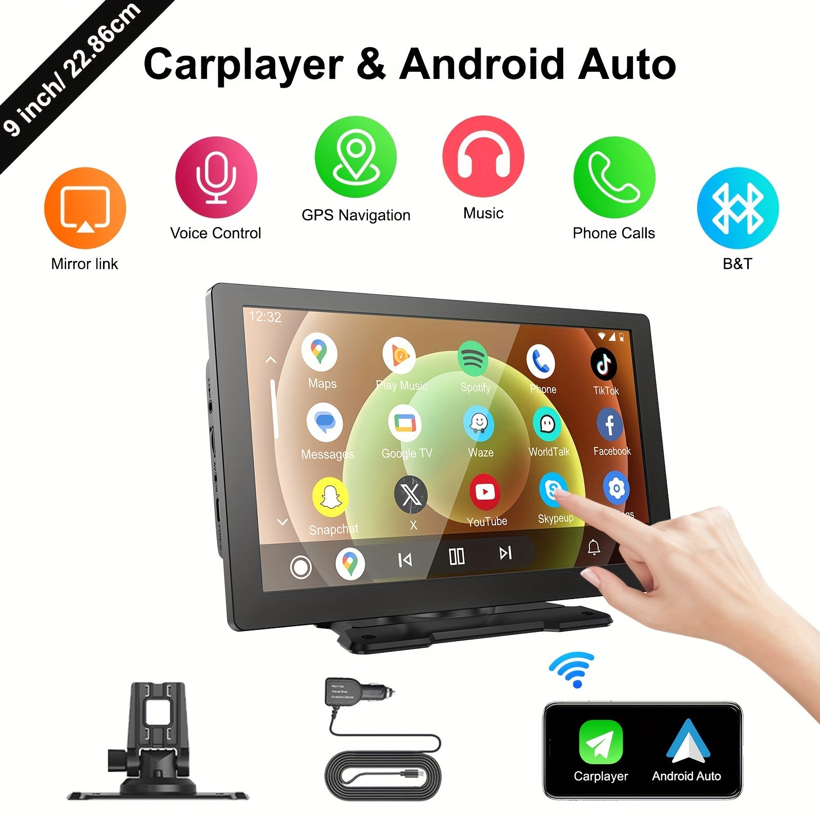 9 Inch/22.86cm Large Car Smart Display - Wireless CarPlay And Android Auto Compatible, Hands-Free Calling, Message, Navigation, Music, Airplay, Aux Input - Universal Screen For All Vehicles Car Audio Receivers Mirror Link, Do