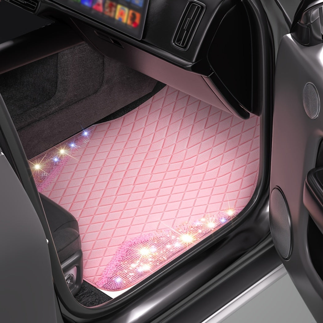 Pink PVC Leather Car Floor Mats with Sparkling Artificial Diamonds, Waterproof & Slip-Resistant, Easy to Clean for All Seasons, Universal Fit for Small Cars and SUVs, Durable & Scratch-Proof