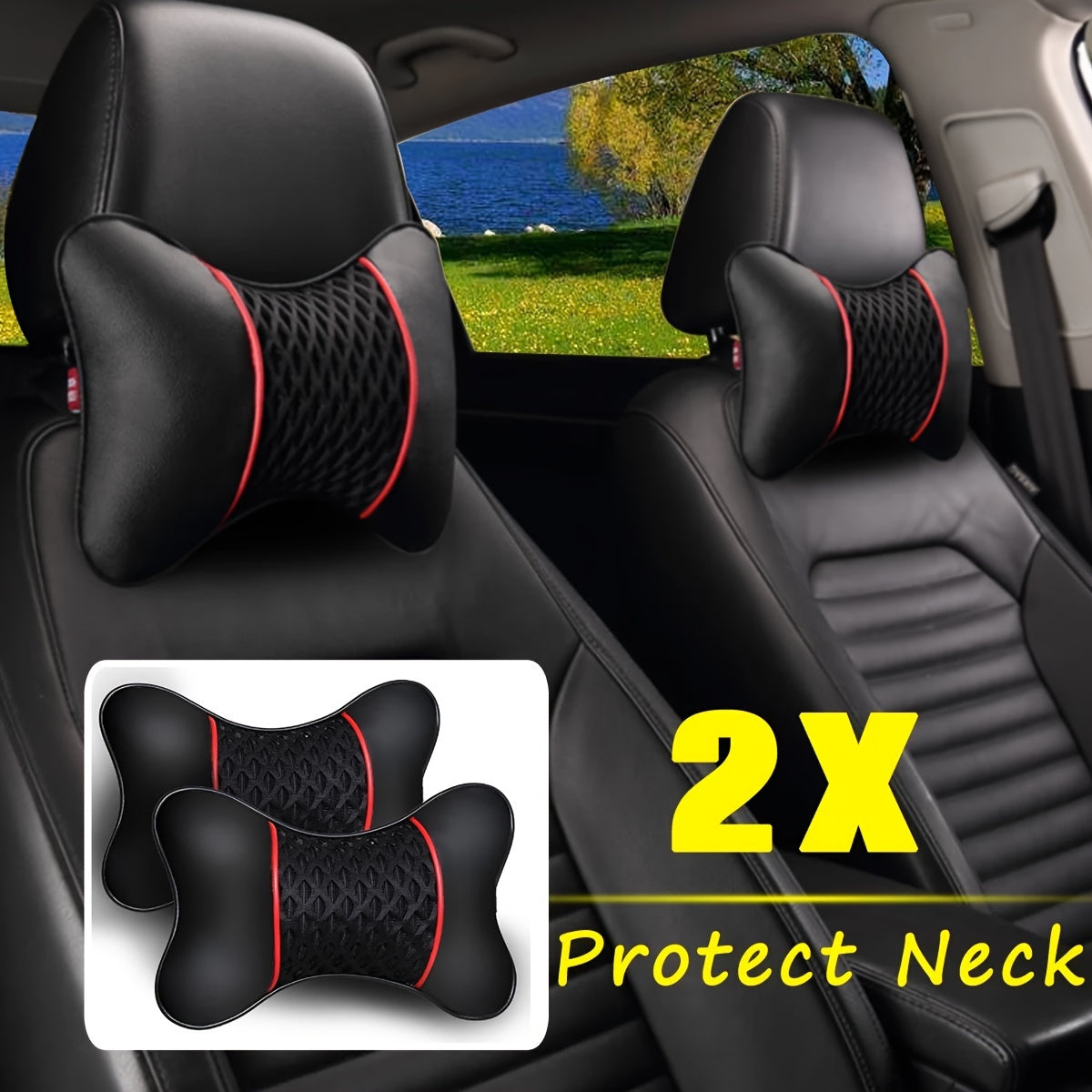 Car Neck Support Pillows - 2-Pack Ergonomic PU Leather Cushions for Ultimate Comfort and Pain Relief