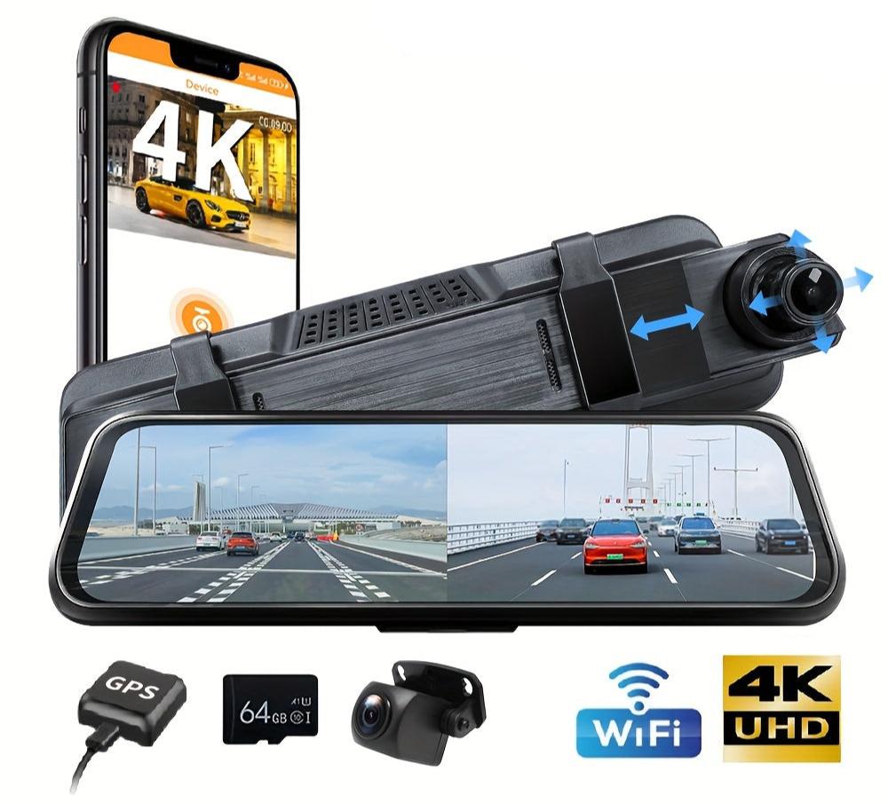 10" 4K Mirror Dash Cam Backup Camera, 2160P Full HD Smart Rearview Mirror For Cars & Trucks, Front And Rear View Dual Cameras, Night Vision, Parking Assistance, Included 64GB Card & GPS