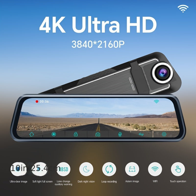 10" Touchscreen Dash Cam with 2160P+1080P Dual Camera, Night Vision, Wifi, and Backup Safety Features for Enhanced Driving Security