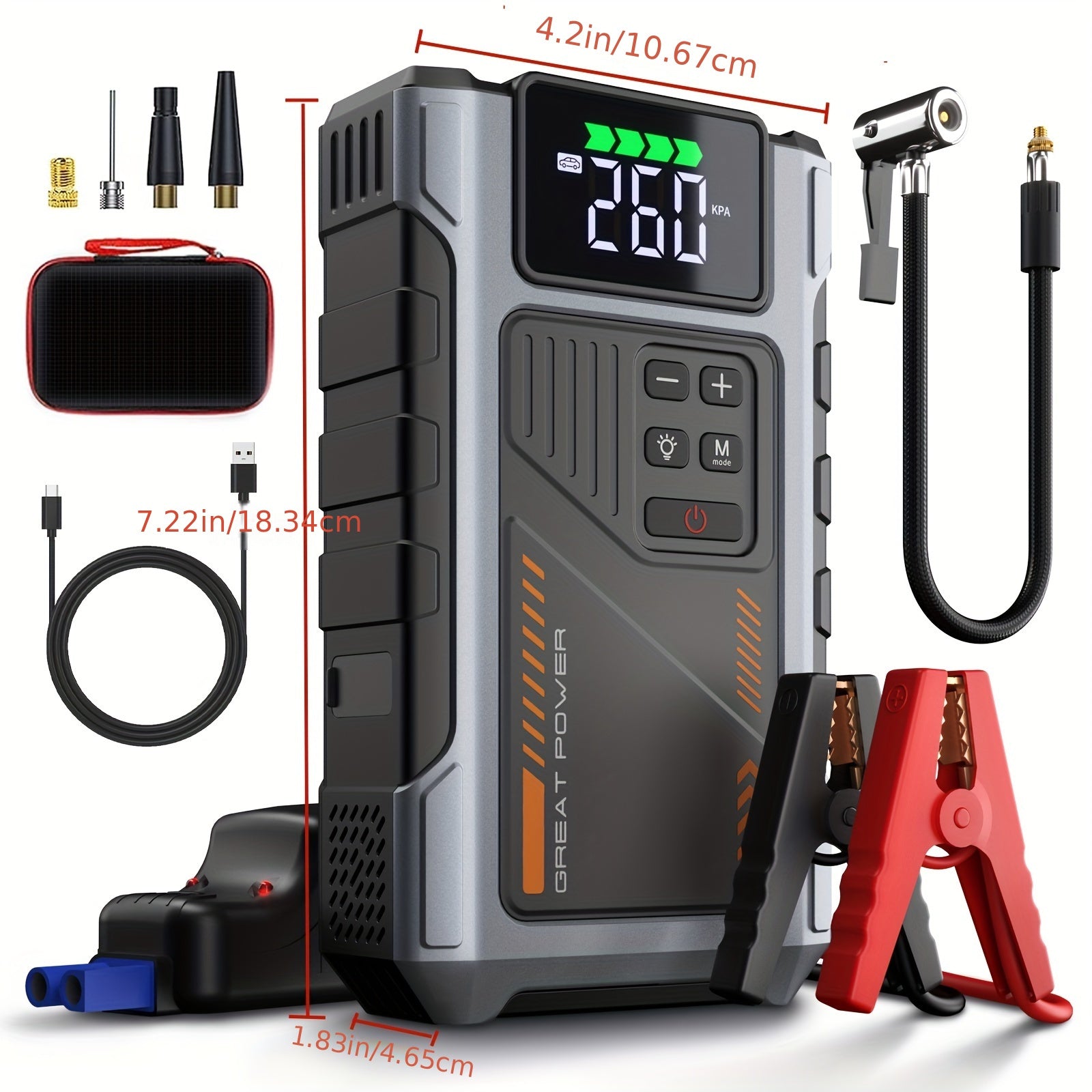 Multi-Function Portable Car Jump Starter with Air Compressor – 2500A Peak Power, 150 PSI Tire Inflator, LED Light & Quick Charge USB Battery Pack