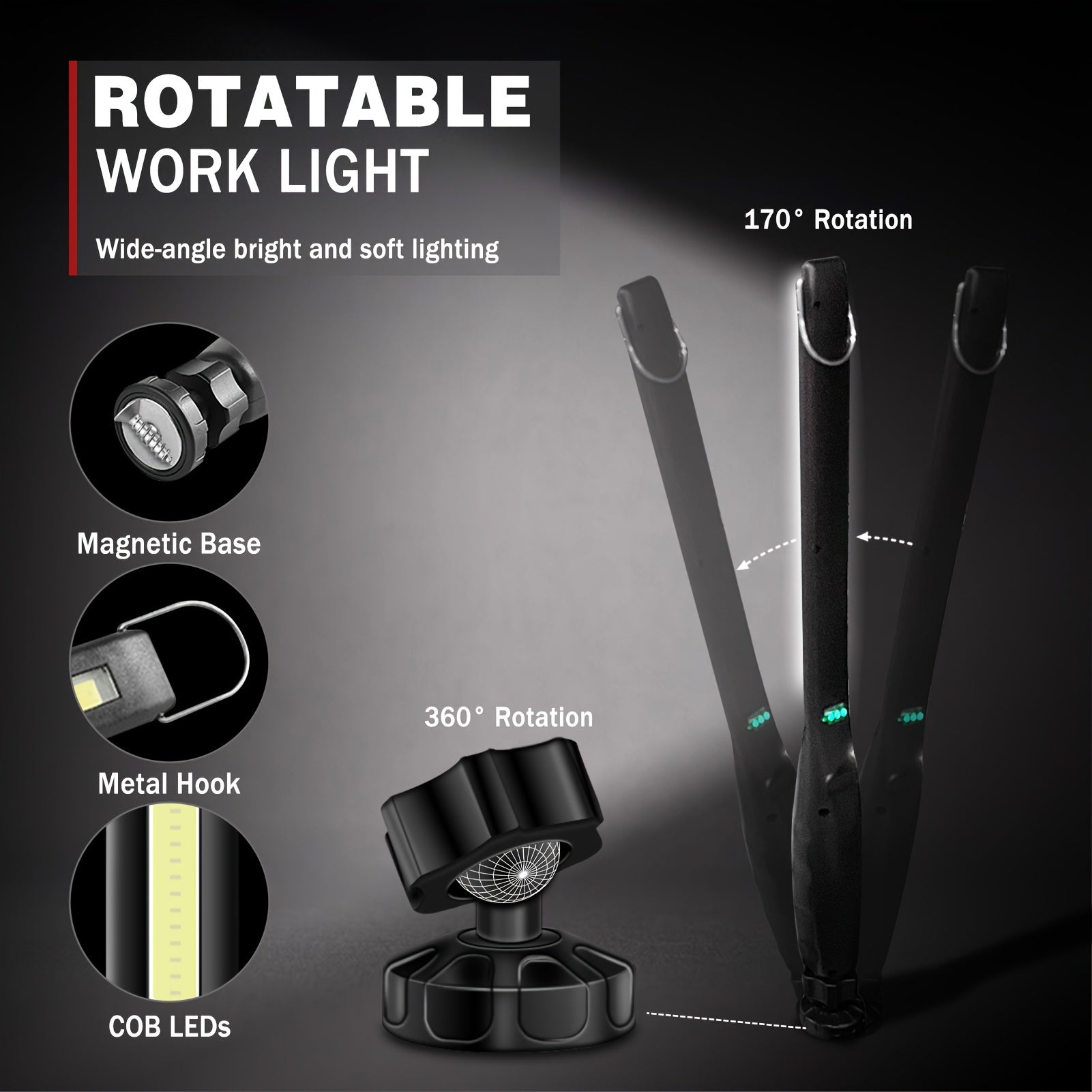 Ultimate 2-Pack Rechargeable COB LED Work Light - 600LM with Magnetic Base & Hook for Camping, Garage, Emergency & Inspections