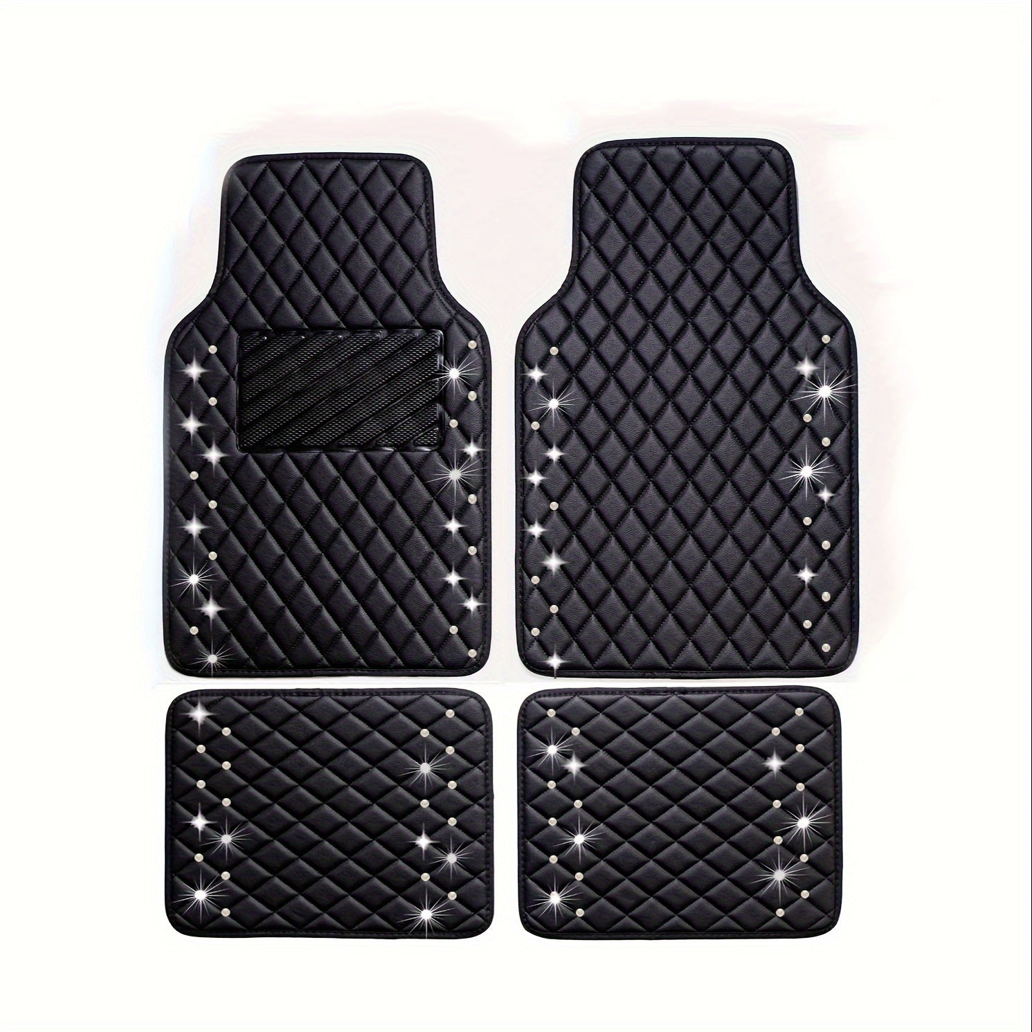 Diamond Rhinestone Car Floor Mats, Sparkly PU Leather Carpet Set for Women, Cute Pink Bling Auto Mats, Universal Fit for SUV, Sedan & Van, 4-Piece Set