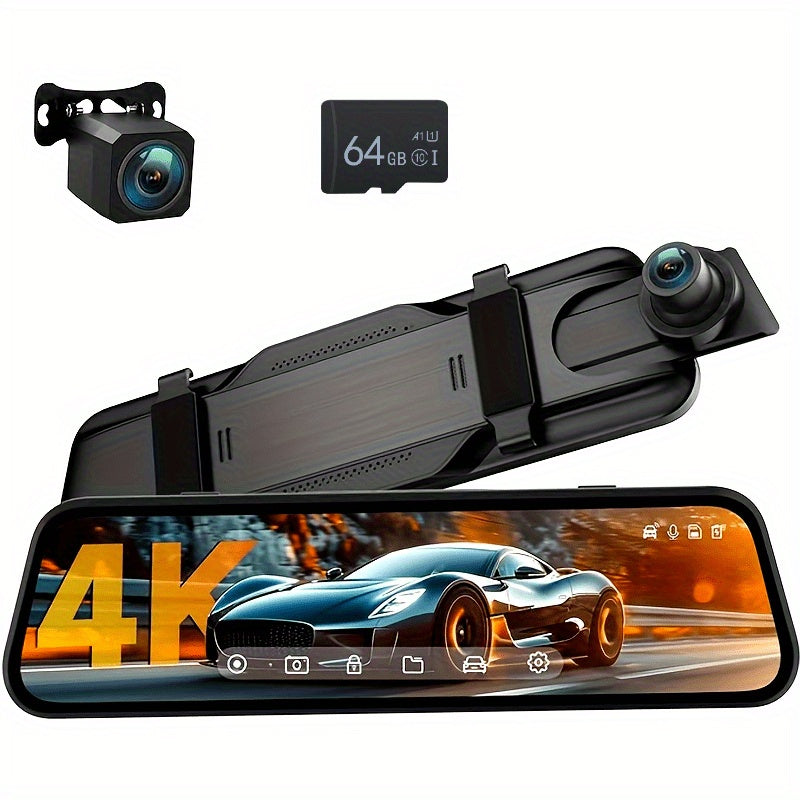 10" Ultimate 4K Mirror Dash Cam with 2K Front and 1080P Rear Cameras, Night Vision, Loop Recording & 64GB Card for Unmatched Driving Safety