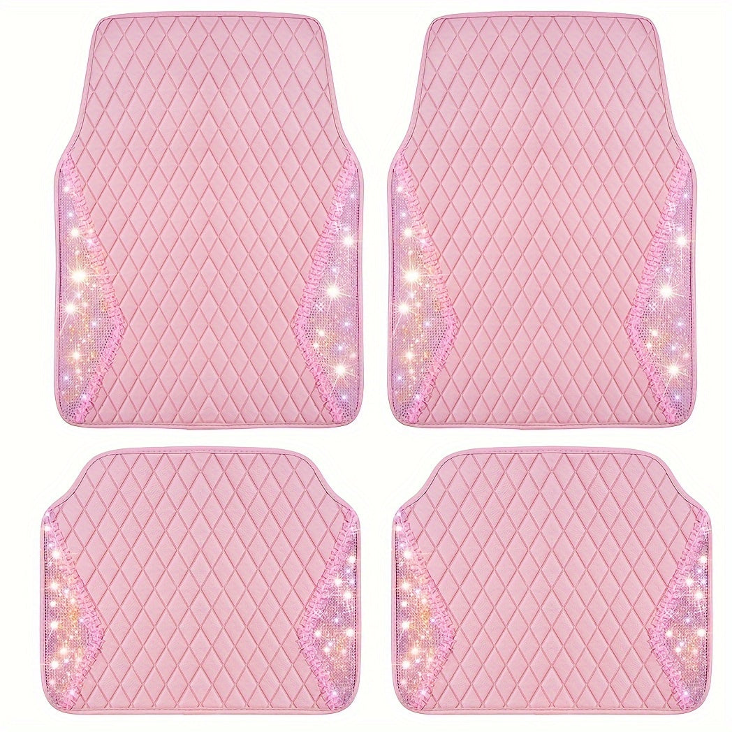 Glamorous Pink PU Leather Car Mats with Glittering Rhinestones, Anti-Slip Floor Pads for SUVs, Sedans, and Vans – 4-Piece Set for Stylish Women