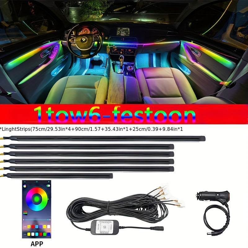 Colorful Music-Responsive LED Car Strip Lights – 6-in-1 Ambiance Kit with Remote & Chasing Effects